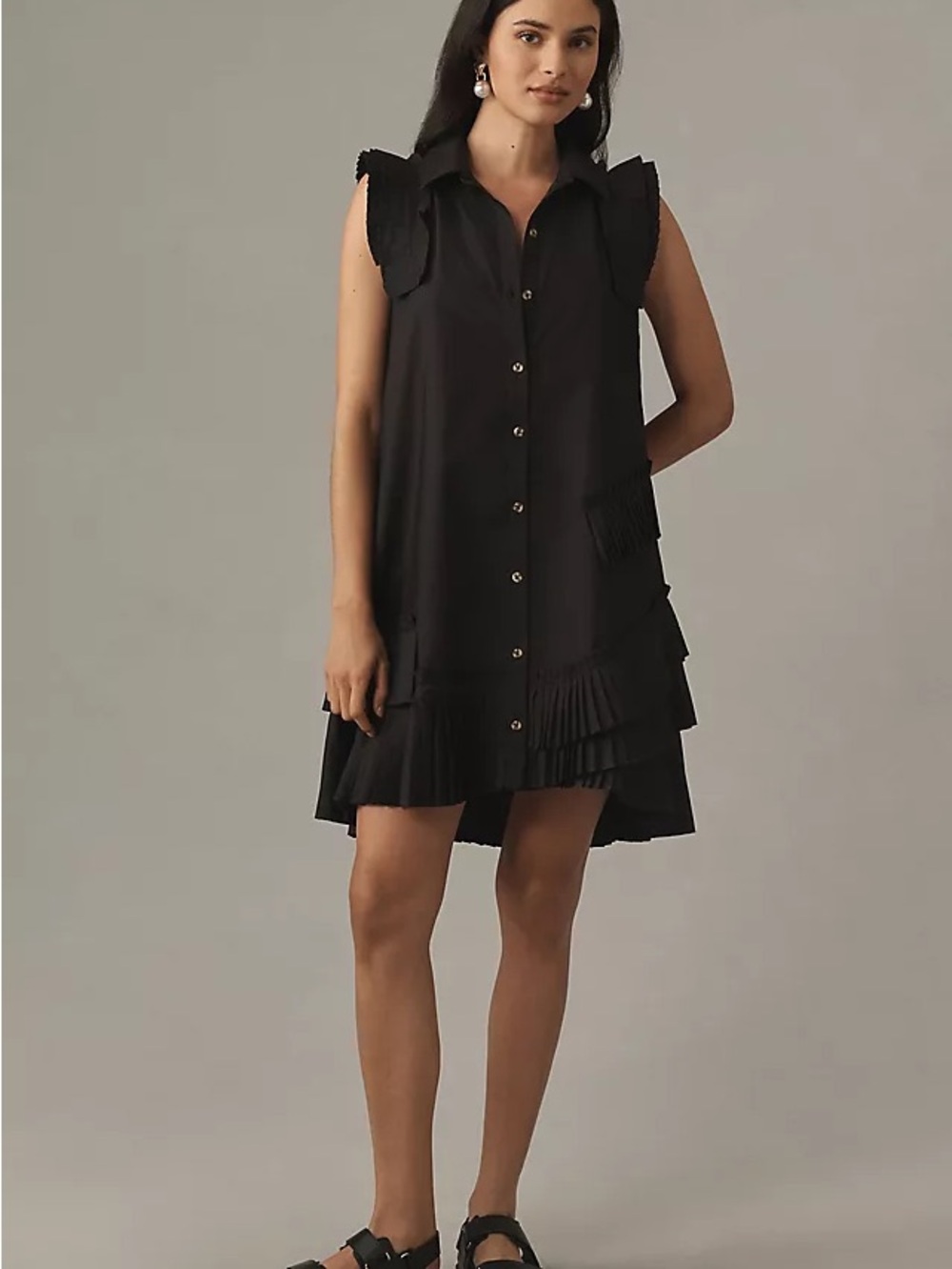 Anthropologie Black Button-Front Pleated Mini Shirt Dress